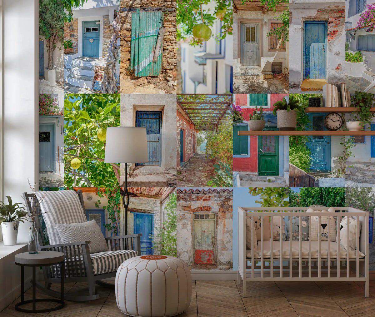 Murale da parete con collage di architettura europea costiera