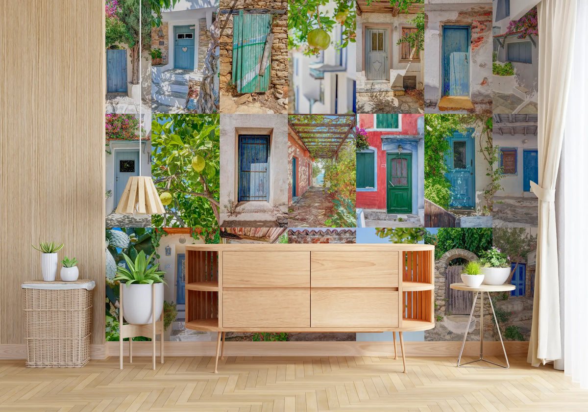 Murale da parete con collage di architettura europea costiera