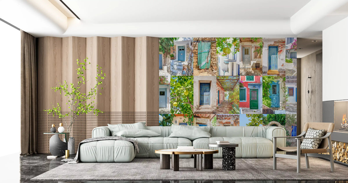 Murale da parete con collage di architettura europea costiera
