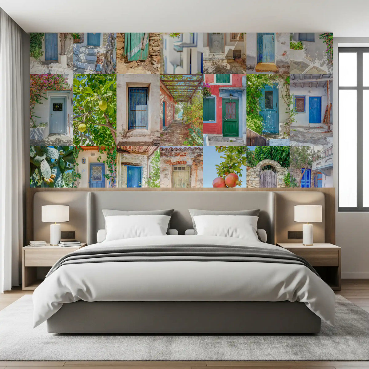 Architectural wallpaper collage behind a gray upholstered bed with bedside lamps GD13687