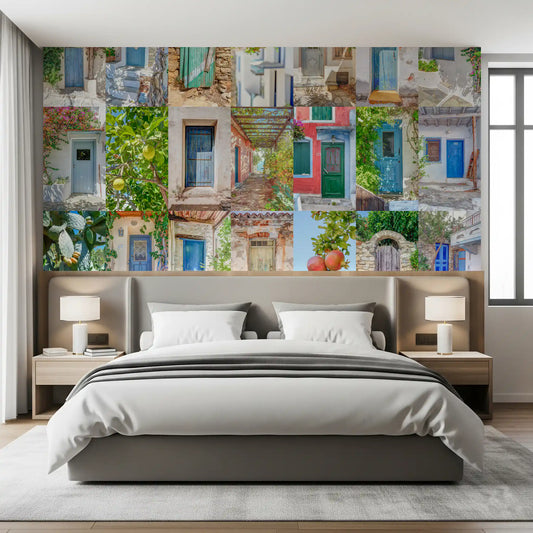 Murale da parete con collage di architettura europea costiera