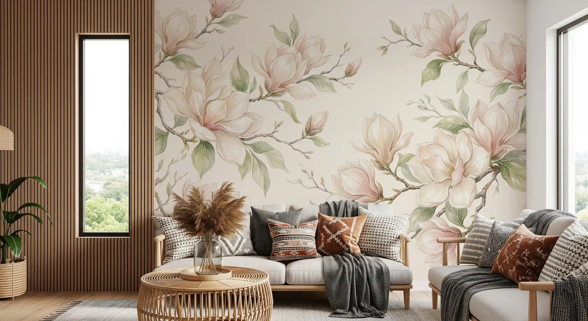 Papier peint panoramique mural représentant des branches de magnolias à l’aquarelle douce