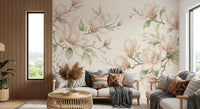 Papier peint panoramique mural représentant des branches de magnolias à l’aquarelle douce