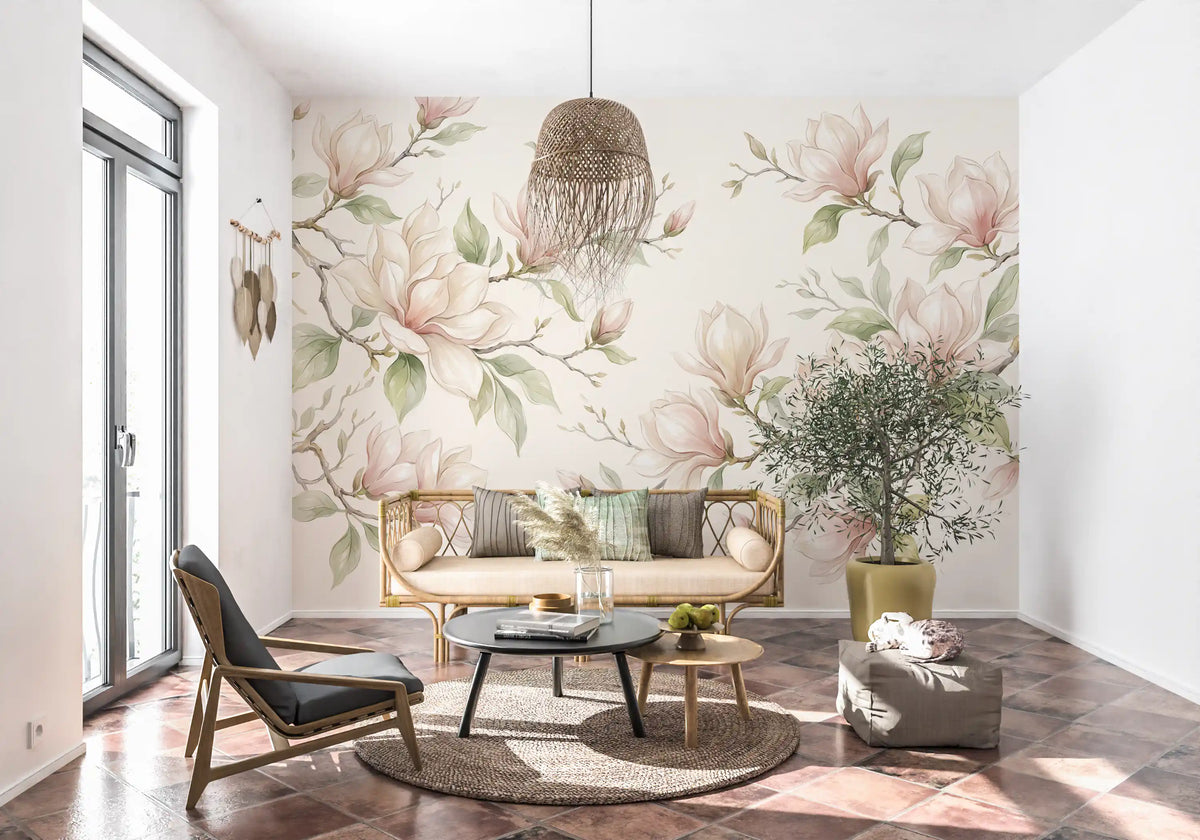 Papier peint panoramique mural représentant des branches de magnolias à l’aquarelle douce