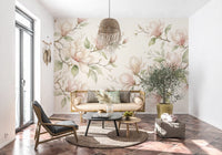 Papier peint panoramique mural représentant des branches de magnolias à l’aquarelle douce