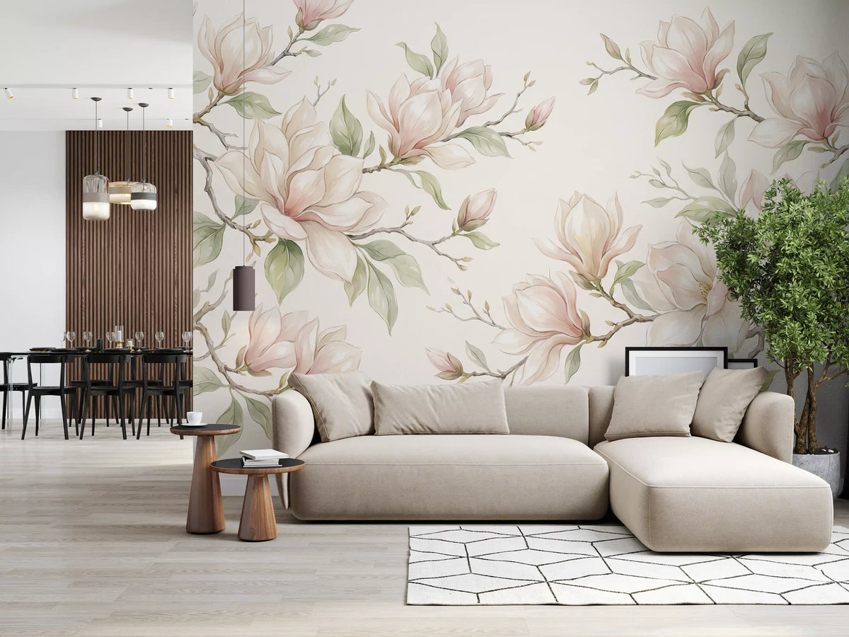 Papier peint panoramique mural représentant des branches de magnolias à l’aquarelle douce