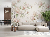 Papier peint panoramique mural représentant des branches de magnolias à l’aquarelle douce
