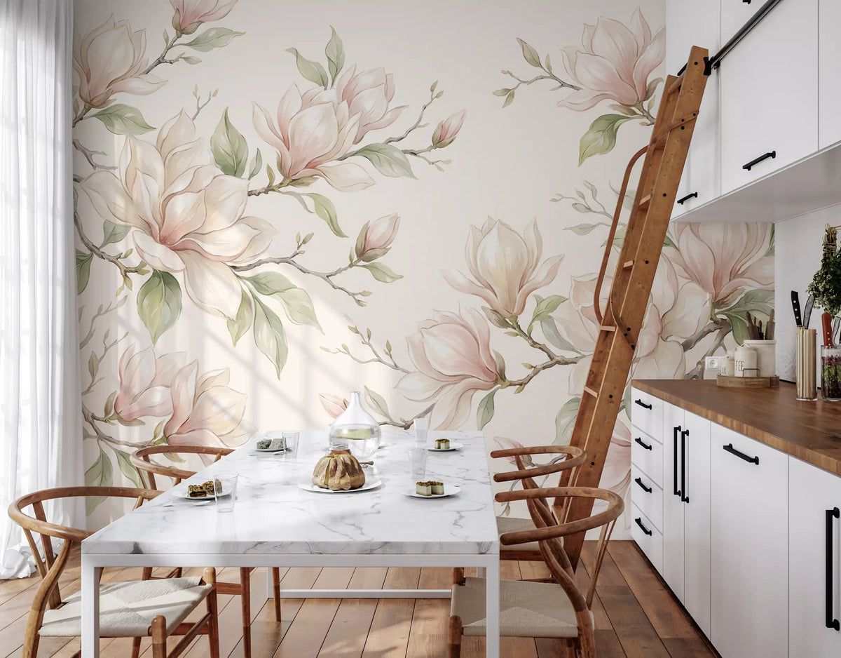 Papier peint panoramique mural représentant des branches de magnolias à l’aquarelle douce