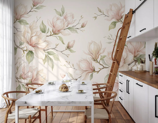 Papier peint panoramique mural représentant des branches de magnolias à l’aquarelle douce