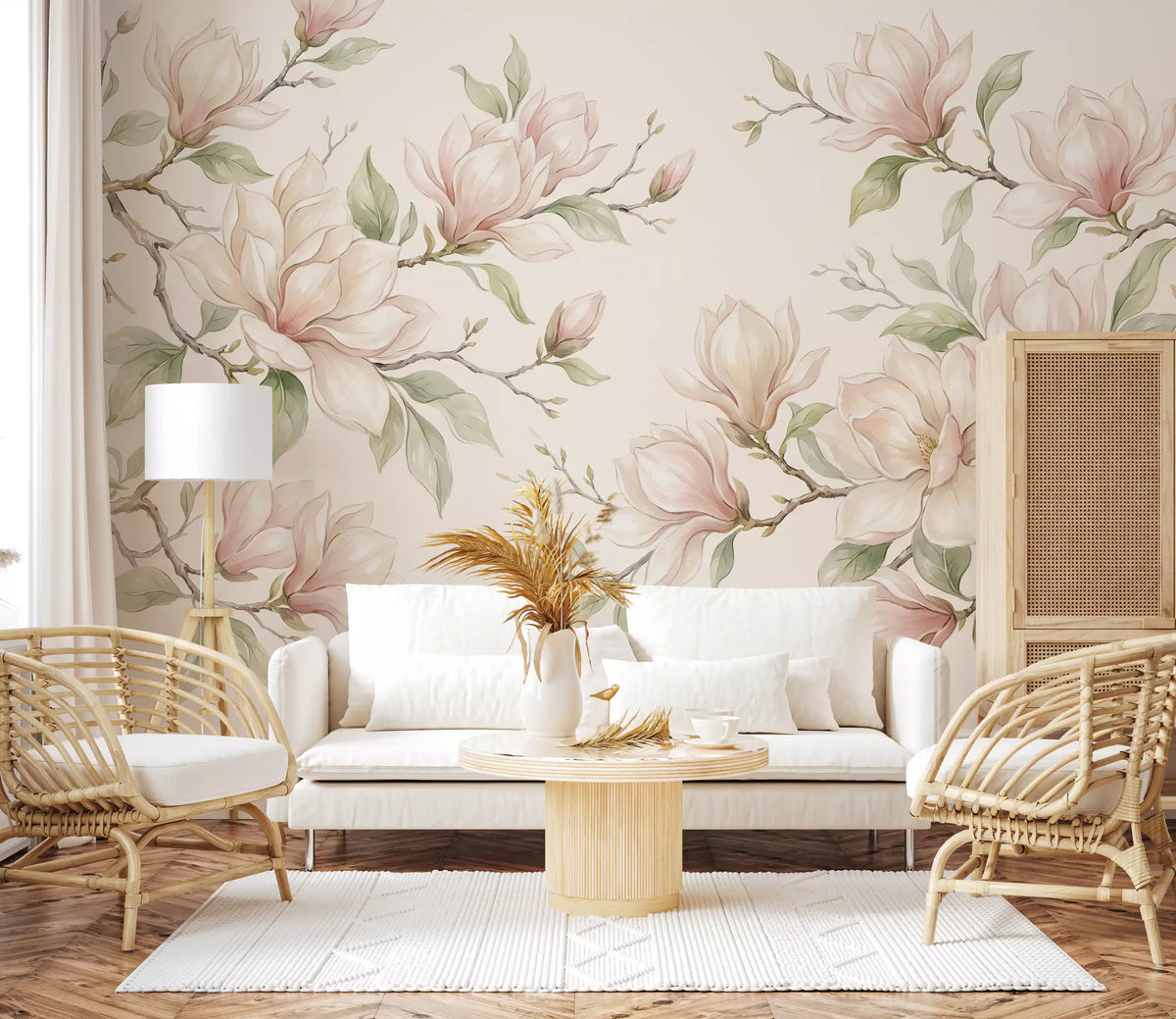 Papier peint panoramique mural représentant des branches de magnolias à l’aquarelle douce