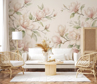 Papier peint panoramique mural représentant des branches de magnolias à l’aquarelle douce