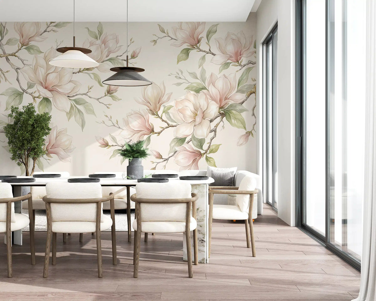 Papier peint panoramique mural représentant des branches de magnolias à l’aquarelle douce