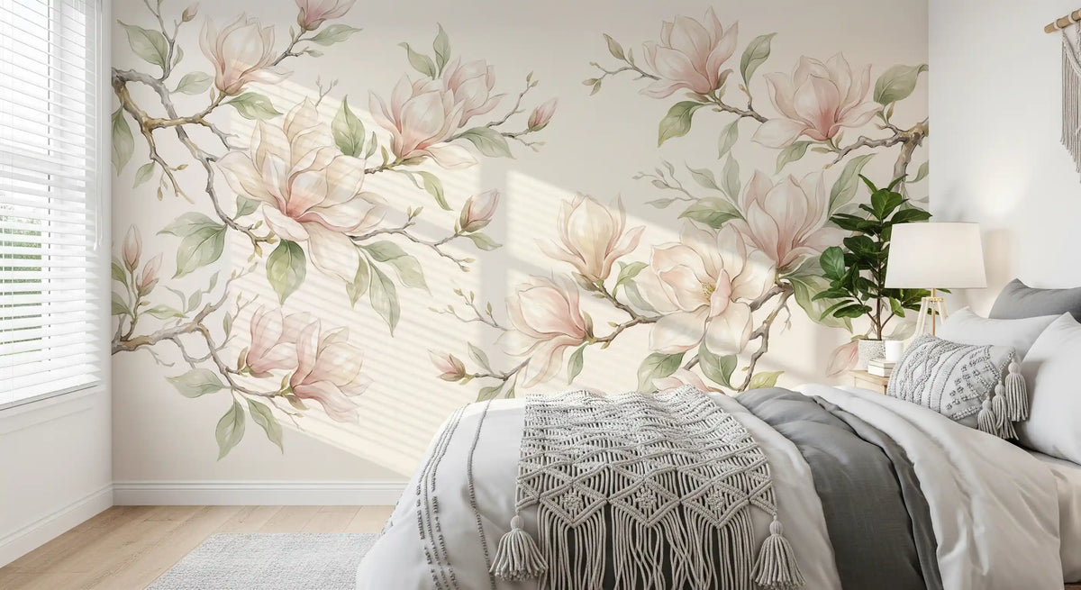 Papier peint panoramique mural représentant des branches de magnolias à l’aquarelle douce
