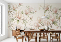 Papier peint panoramique mural représentant des branches de magnolias à l’aquarelle douce