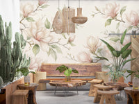 Papier peint panoramique mural représentant des branches de magnolias à l’aquarelle douce