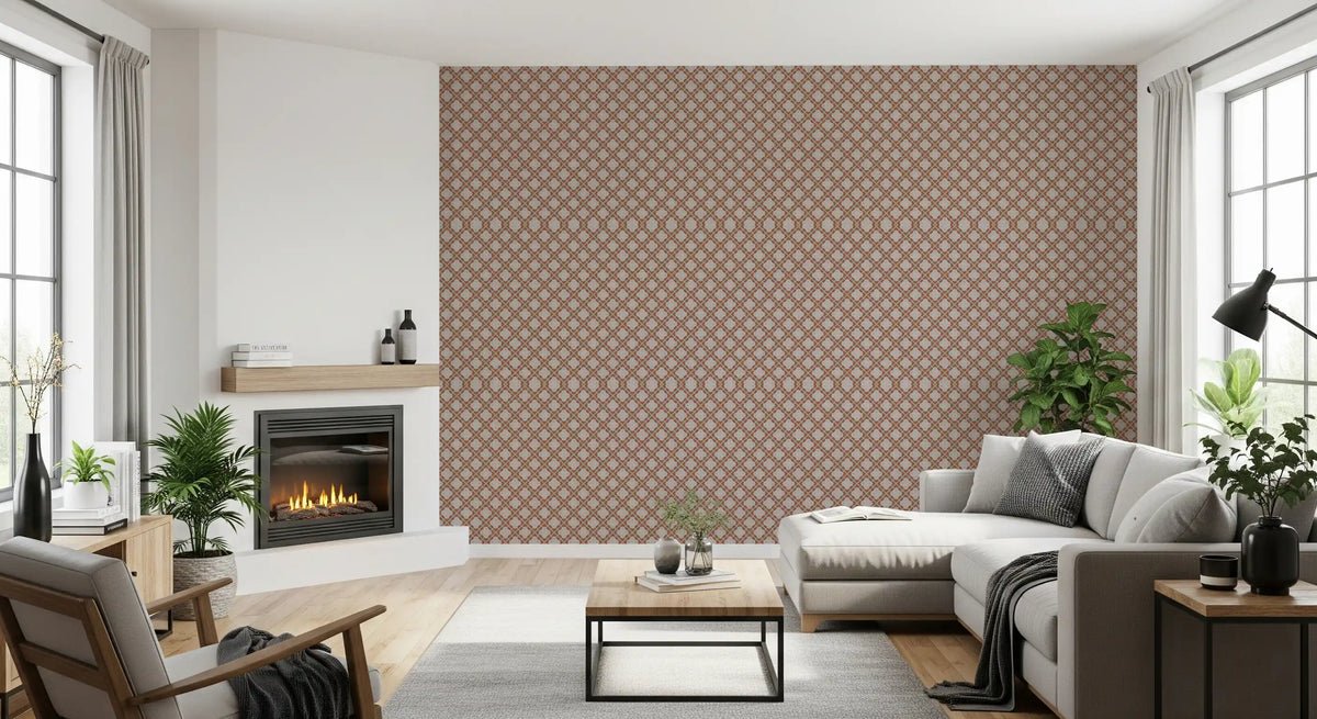 Terracotta wallpaper beside a fireplace with a gray sectional and black coffee table GD13691