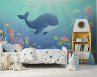 Panorama mural Scène océanique avec une baleine sympathique et ses amis
