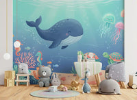 Panorama mural Scène océanique avec une baleine sympathique et ses amis