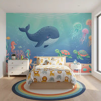 Panorama mural Scène océanique avec une baleine sympathique et ses amis