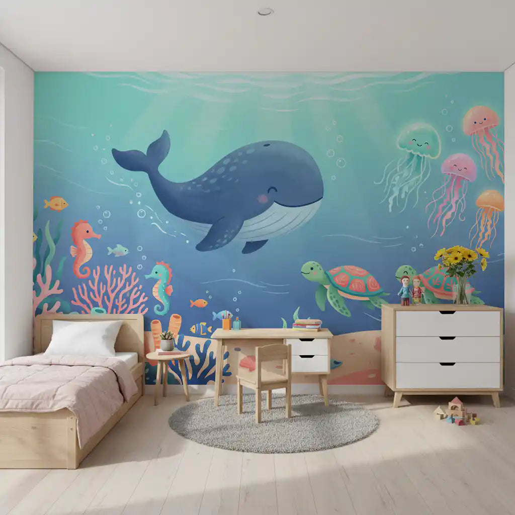 Panorama mural Scène océanique avec une baleine sympathique et ses amis