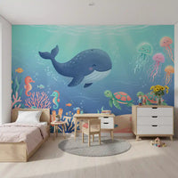 Panorama mural Scène océanique avec une baleine sympathique et ses amis