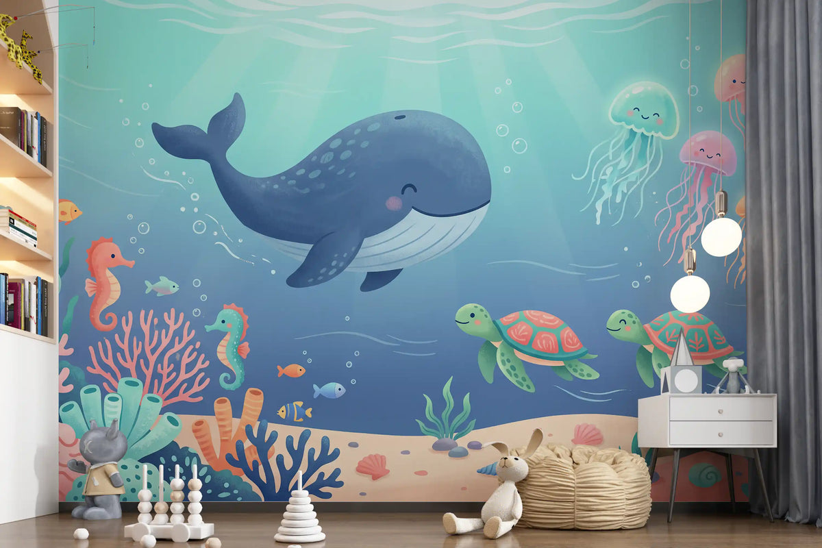 Panorama mural Scène océanique avec une baleine sympathique et ses amis