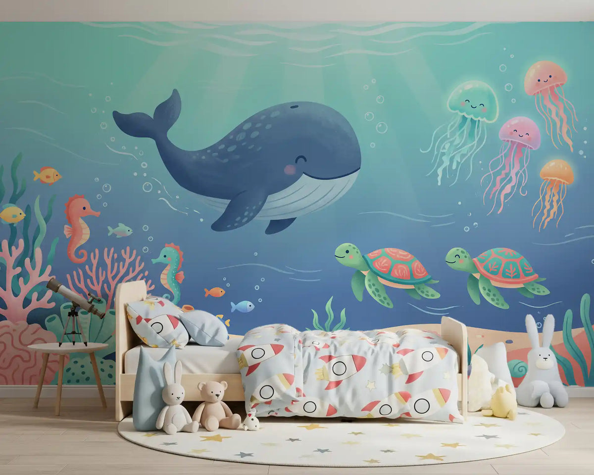 Panorama mural Scène océanique avec une baleine sympathique et ses amis