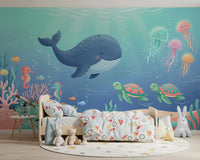 Panorama mural Scène océanique avec une baleine sympathique et ses amis