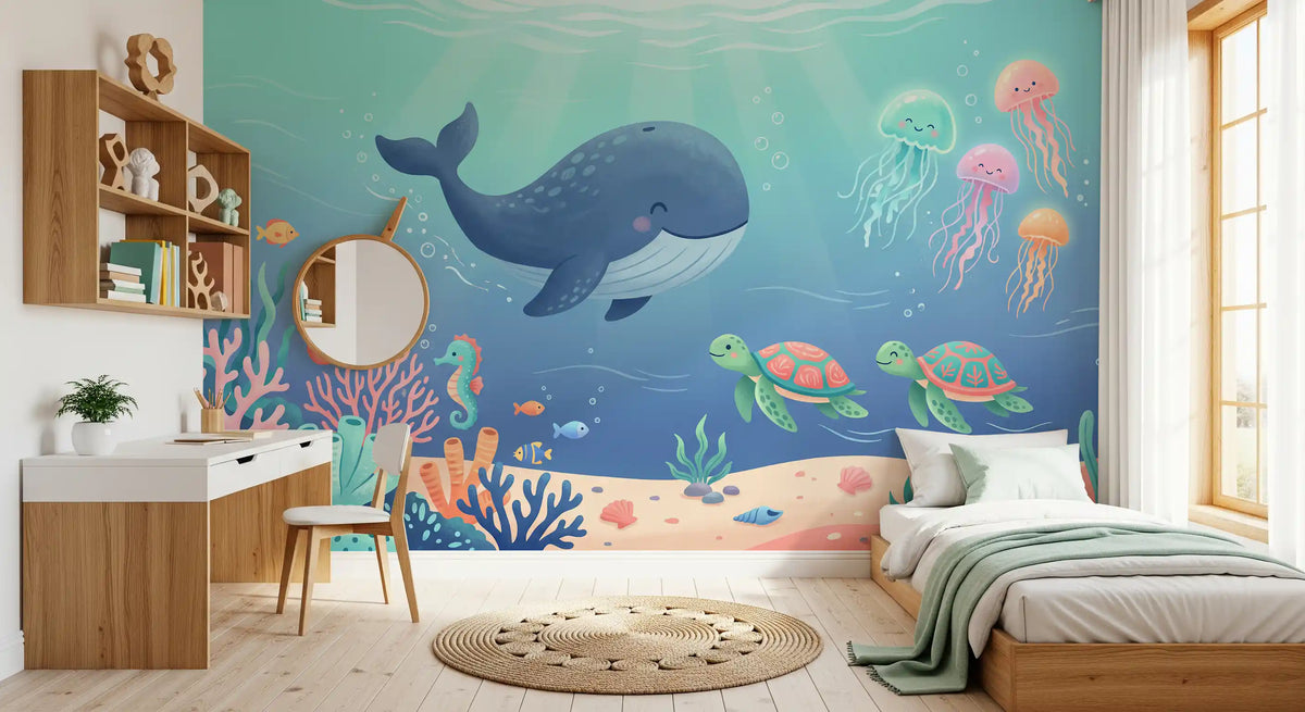 Panorama mural Scène océanique avec une baleine sympathique et ses amis