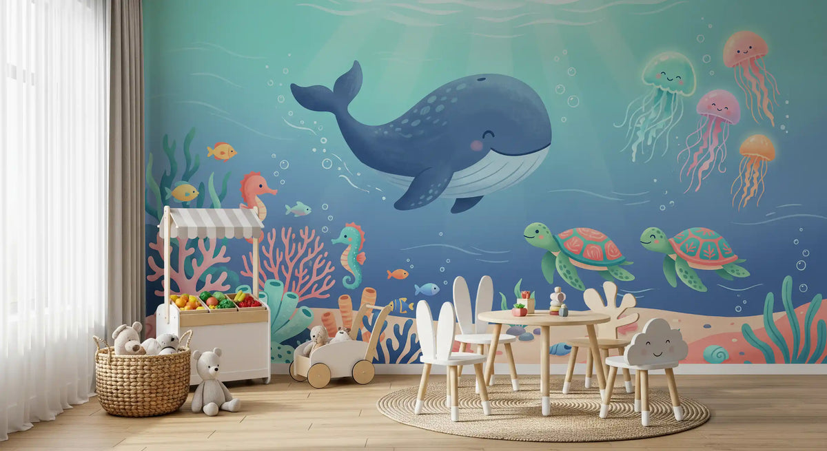 Panorama mural Scène océanique avec une baleine sympathique et ses amis