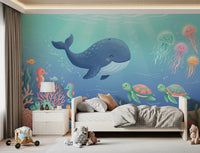 Panorama mural Scène océanique avec une baleine sympathique et ses amis