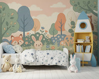 Panorama mural Animaux sympathiques de la forêt dans une forêt aux tons pastel doux