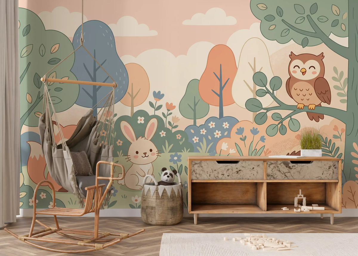 Panorama mural Animaux sympathiques de la forêt dans une forêt aux tons pastel doux