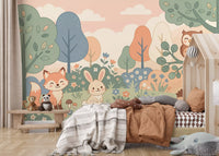 Panorama mural Animaux sympathiques de la forêt dans une forêt aux tons pastel doux