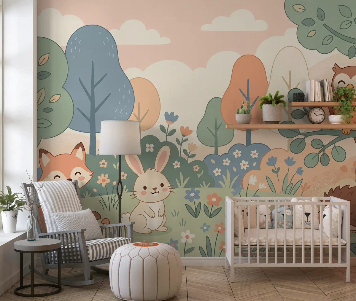 Panorama mural Animaux sympathiques de la forêt dans une forêt aux tons pastel doux