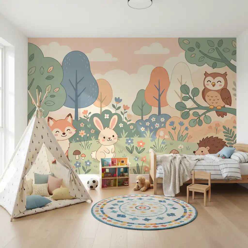 Panorama mural Animaux sympathiques de la forêt dans une forêt aux tons pastel doux