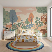 Panorama mural Animaux sympathiques de la forêt dans une forêt aux tons pastel doux