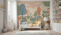 Panorama mural Animaux sympathiques de la forêt dans une forêt aux tons pastel doux