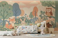 Panorama mural Animaux sympathiques de la forêt dans une forêt aux tons pastel doux