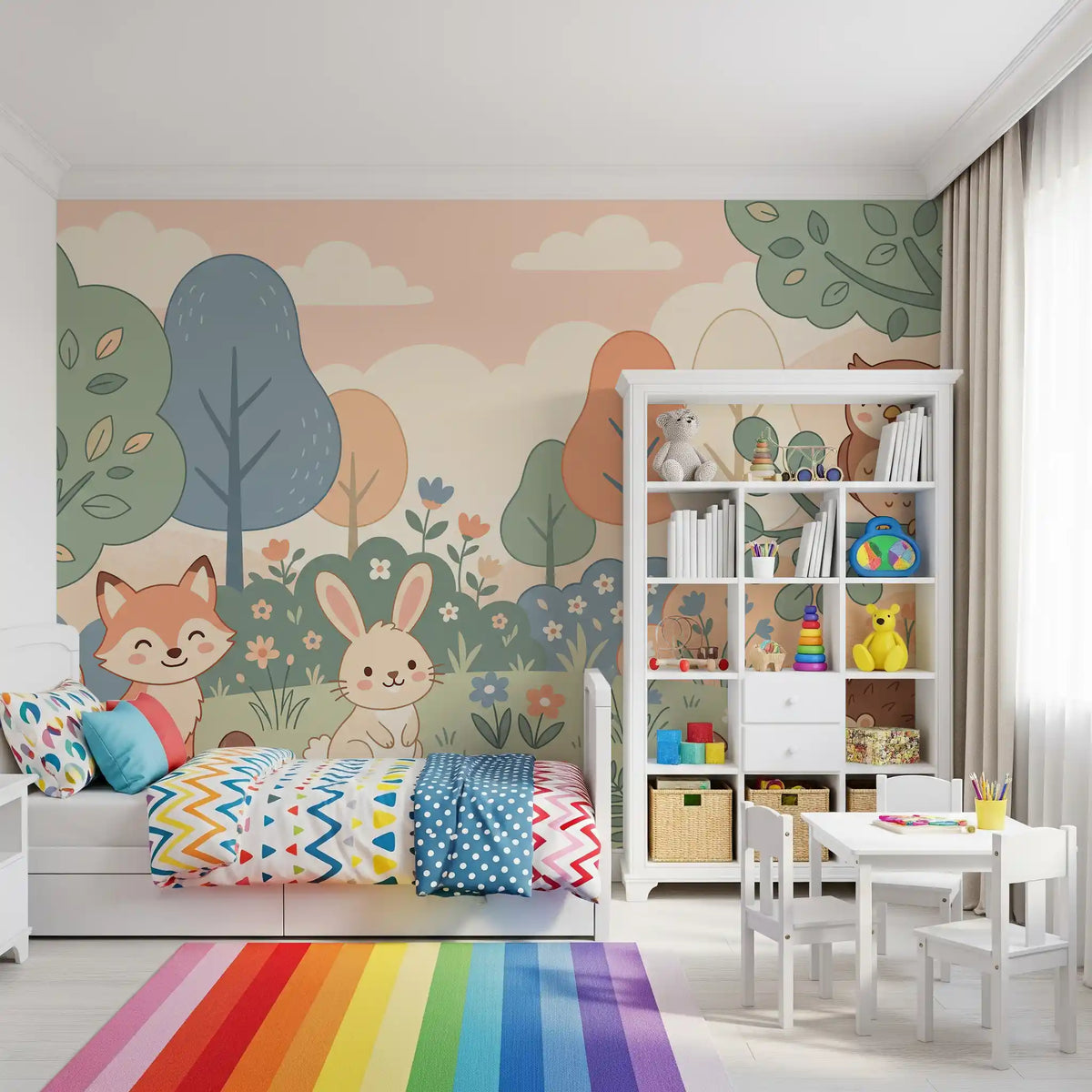 Panorama mural Animaux sympathiques de la forêt dans une forêt aux tons pastel doux