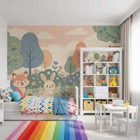 Panorama mural Animaux sympathiques de la forêt dans une forêt aux tons pastel doux