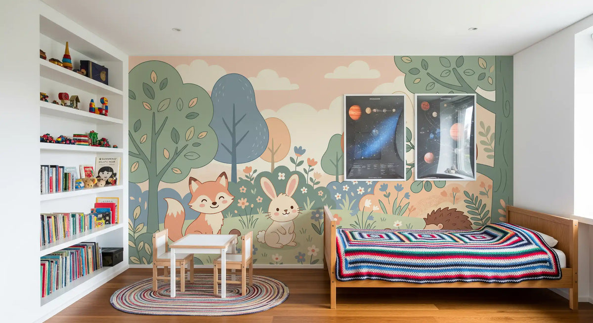 Panorama mural Animaux sympathiques de la forêt dans une forêt aux tons pastel doux