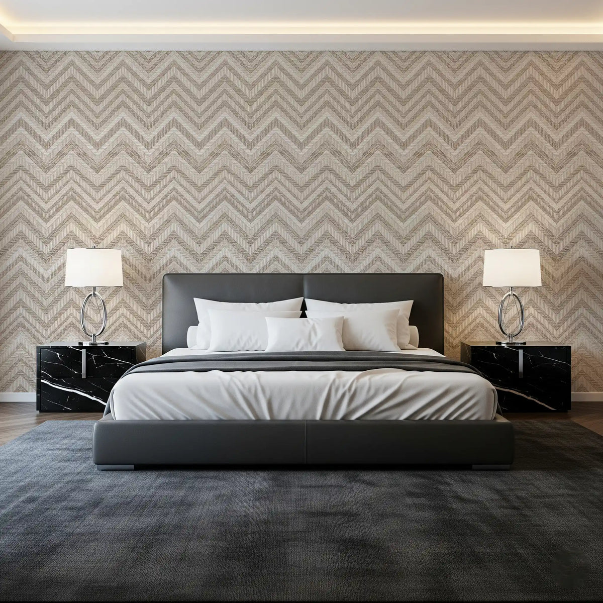 Minimalistisk vægmaleri med neutralt zigzag-sildebensmønster