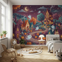 Panorama mural Village nocturne fantomatique et fantaisiste