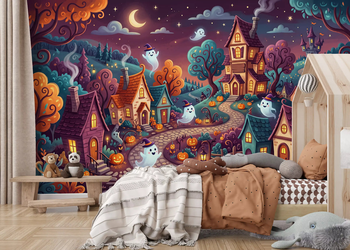 Panorama mural Village nocturne fantomatique et fantaisiste