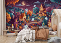 Panorama mural Village nocturne fantomatique et fantaisiste