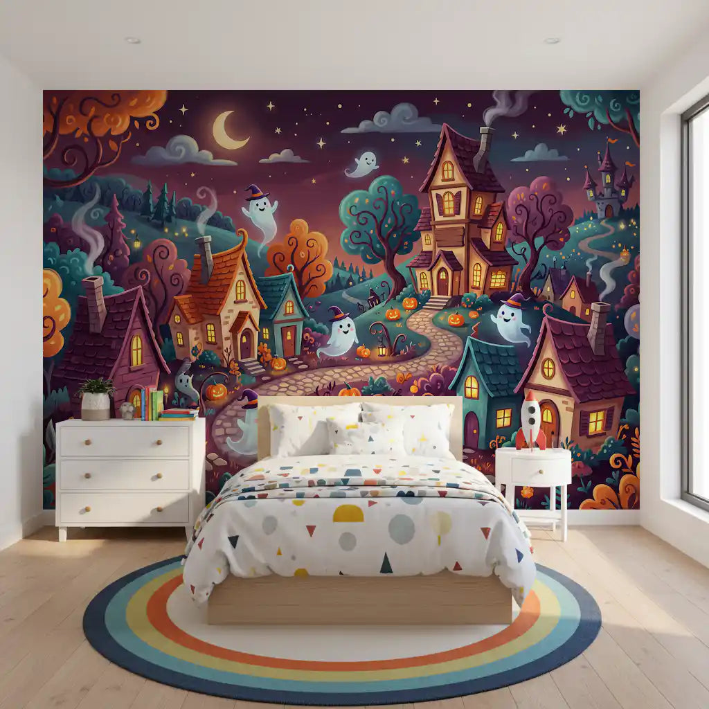 Panorama mural Village nocturne fantomatique et fantaisiste