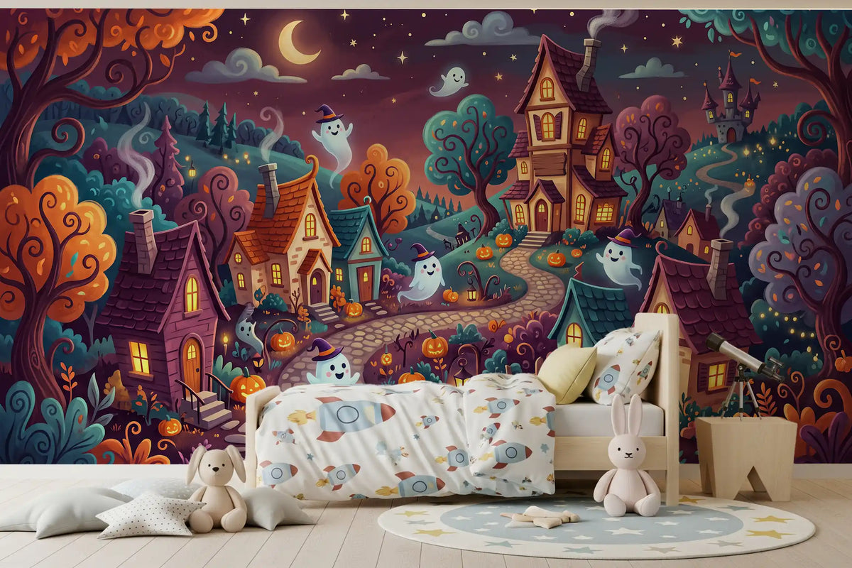 Panorama mural Village nocturne fantomatique et fantaisiste