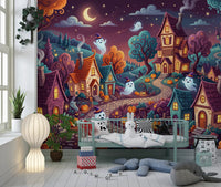 Panorama mural Village nocturne fantomatique et fantaisiste