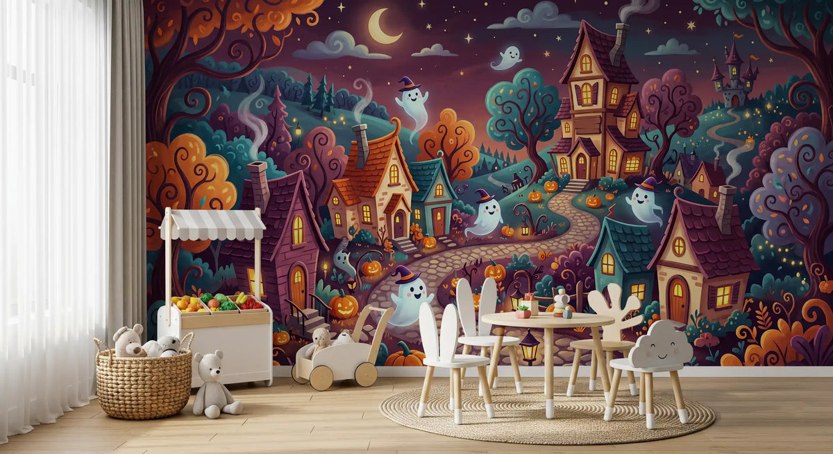 Panorama mural Village nocturne fantomatique et fantaisiste